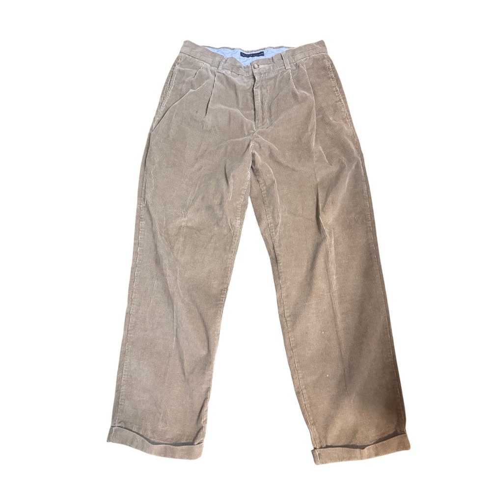 Tommy Hilfiger Vintage Tan Corduroy Pleated Pants Mens 34x30 Beige Cuffed Leg